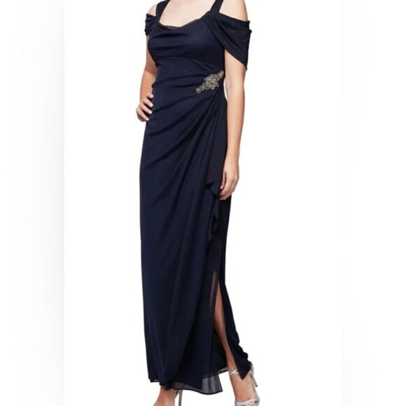 Alex Evenings - Women's Long Cold Shoulder Dress - Navy Blue. Size: 12. NWT - Picture 1 of 16
